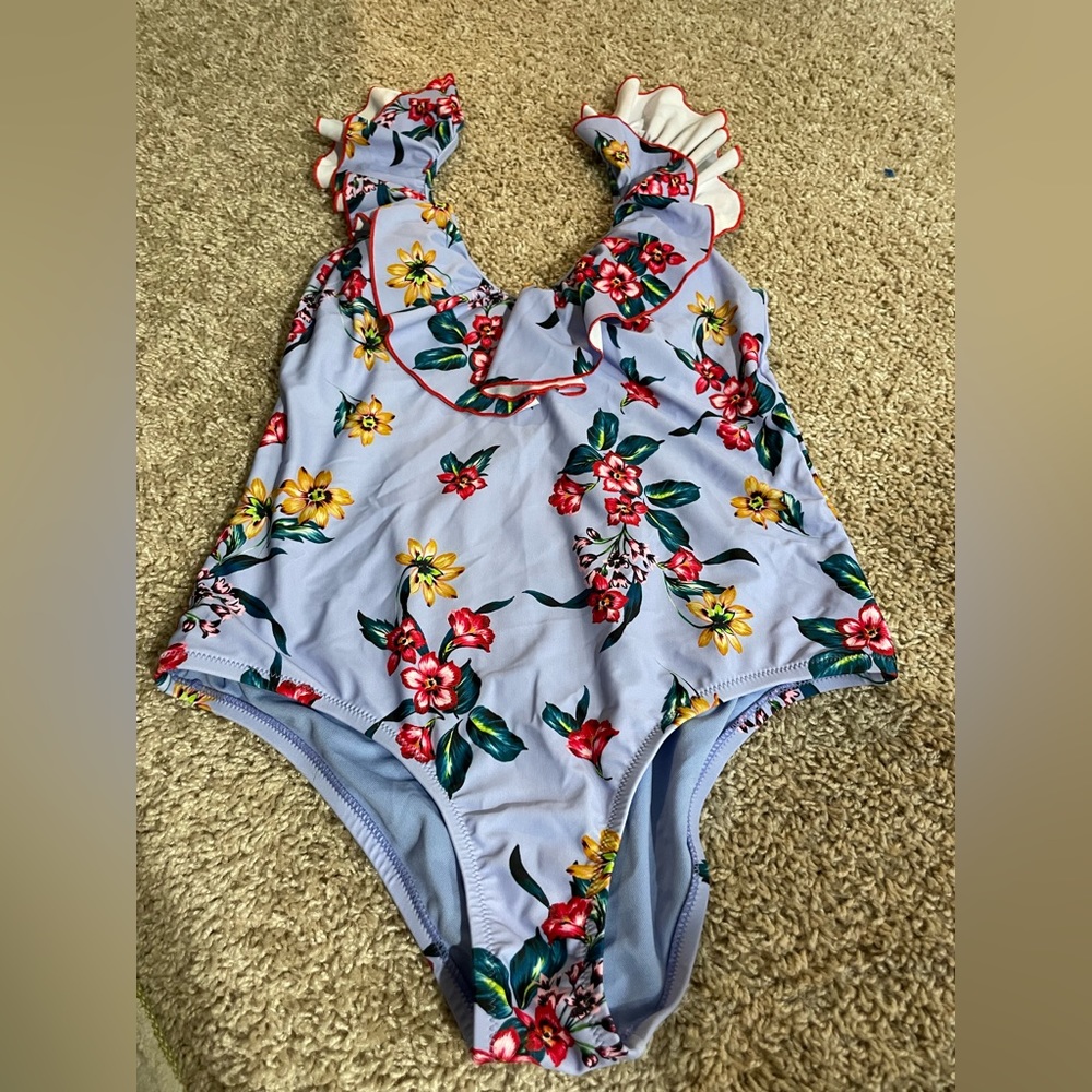 Jessica Simpson Floral Frill-Shoulder size Md  One-Piece Swimsuit Blue